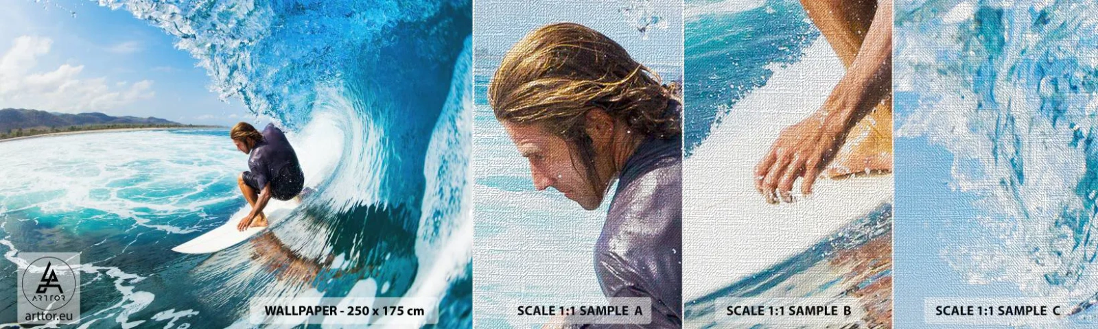 Vzorka fototapety Premium Canvas - Tancujúci s vlnami - Šport, Surfovanie, Surfová doska - 100x30 cm