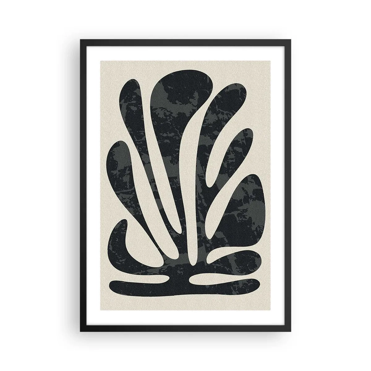 Plagát v čiernom ráme - Abstraktný čierny rastlinný tvar na béžovom pozadí - 50x70cm - Mnohoprstá abstrakcia - Moderná nástenná dekorácia do obývacej izby a spálne ARTTOR
