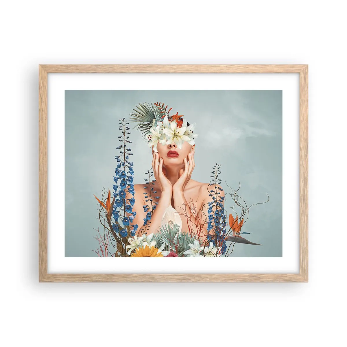 Plagát v ráme zo svetlého duba - Žena – kvetina - 50x40 cm