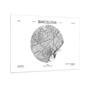 Obraz na skle - Minimalistická mapa Barcelony v čiernobielej estetike - 70x50cm - Anatómia Barcelony - Moderná nástenná dekorácia do obývacej izby a spálne ARTTOR