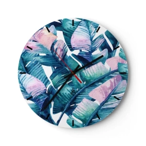 Nástenné hodiny - Tropické listy v odtieňoch zelenej a ružovej - 30x30cm - V banánovom háji - Moderná nástenná dekorácia do obývacej izby, kuchyne a spálne ARTTOR
