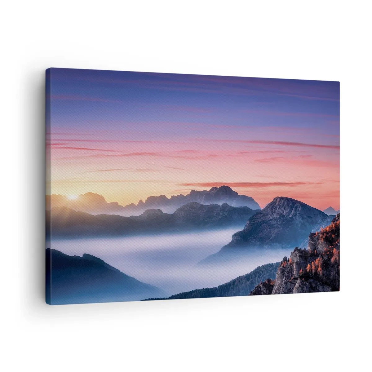 Obraz na plátne - Horská krajina pri východe slnka s hmlou v údoliach - 70x50cm - Nad údoliami - Moderná nástenná dekorácia do obývacej izby a spálne ARTTOR