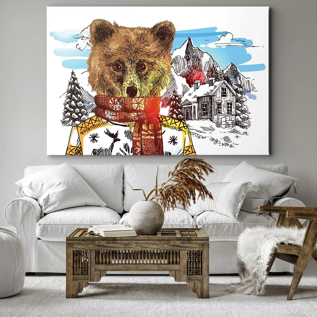 Obraz na plátne - Medveď v svetri a šatke s horským domom v pozadí - 70x50cm - Chata medvedíka - Moderná nástenná dekorácia do obývacej izby a spálne ARTTOR