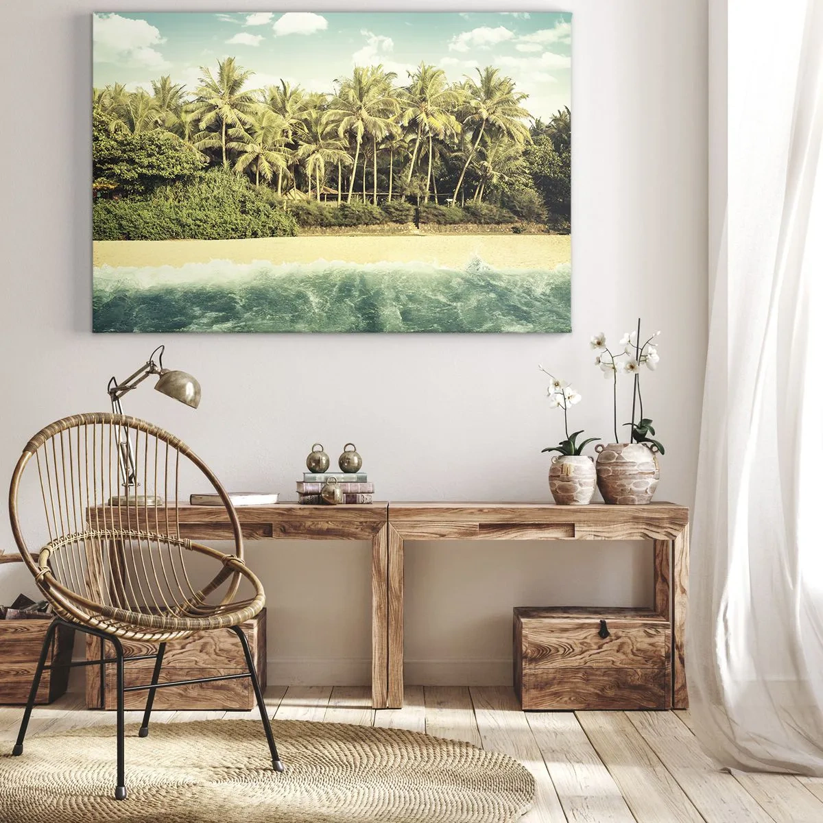 Obraz na plátne - Tropická pláž s palmami a tyrkysovým morom - 70x50cm - Čo napríklad tu? - Moderná nástenná dekorácia do obývacej izby a spálne ARTTOR