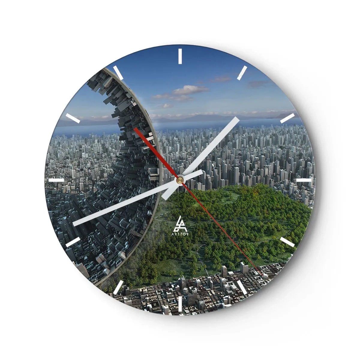 Nástenné hodiny - Futuristické mesto s rozbitou štruktúrou a zeleňou v pozadí. - 30x30cm - Príroda je večná - Moderná nástenná dekorácia do obývacej izby, kuchyne a spálne ARTTOR
