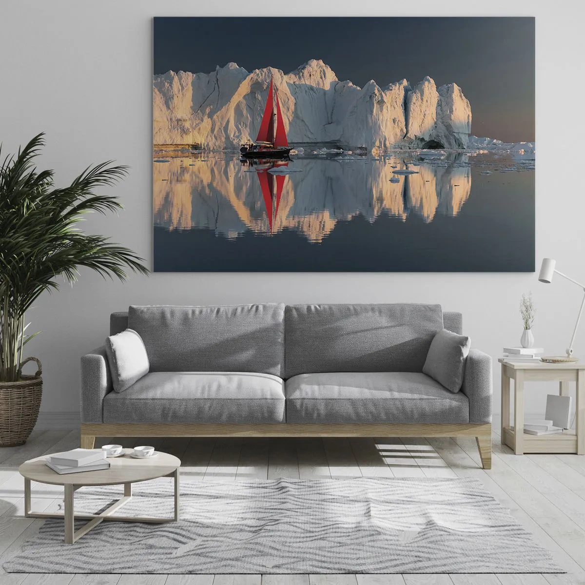 Obraz na skle - Plachetnica s červenou plachtou blízko ľadovcov pri západe slnka - 70x50cm - Na okraji sveta - Moderná nástenná dekorácia do obývacej izby a spálne ARTTOR