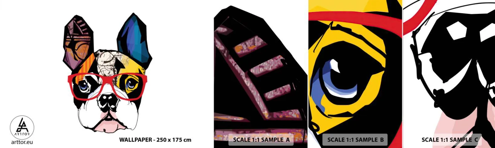 Vzorka samolepiacej fototapety Deluxe Sticker - Intelektuál - Abstrakcia, pes, Francúzsky buldog - 100x30 cm