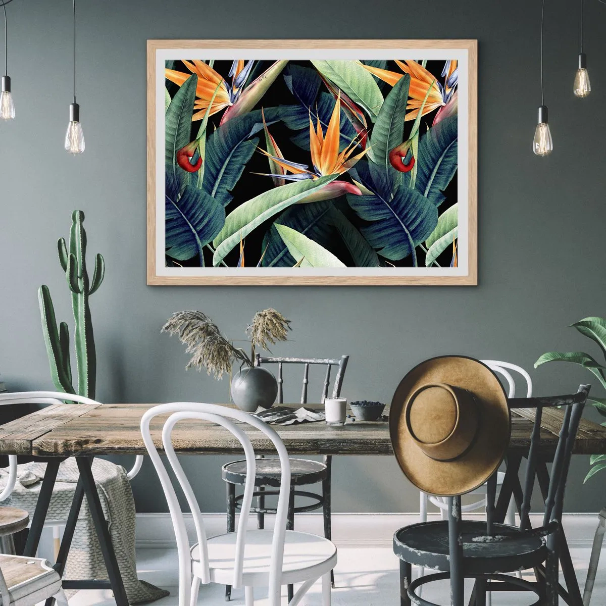 Plagát v ráme zo svetlého duba - Plamenné kvety trópov - 40x30 cm