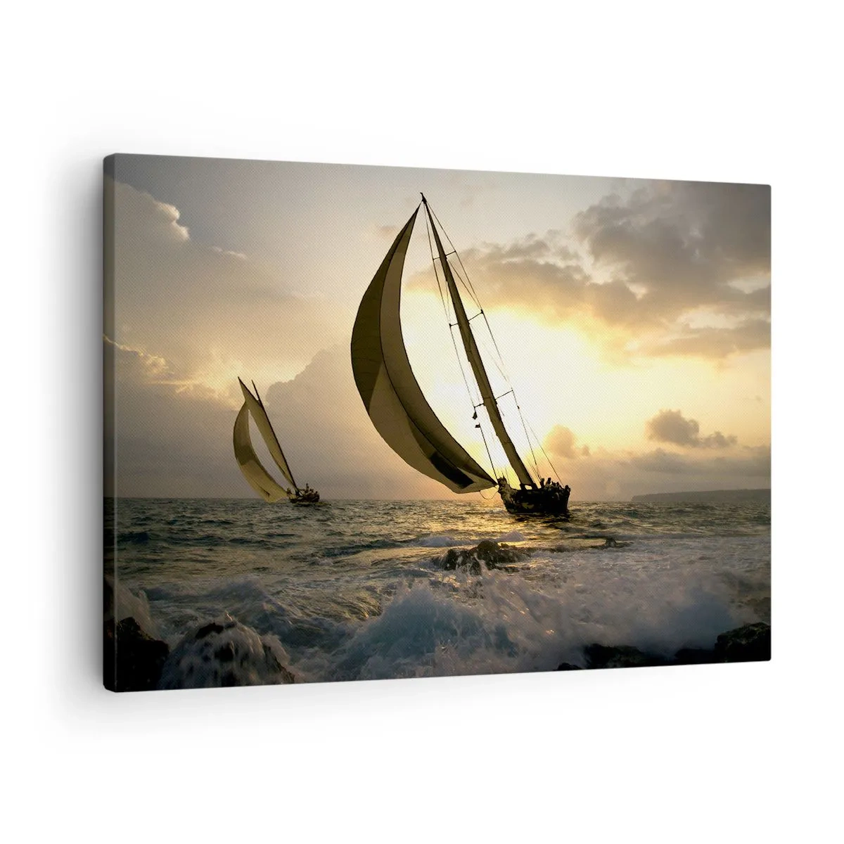 Obraz na plátne - Plachetnice na mori pri západe slnka - 70x50cm - S vetrom a proti vetru - Moderná nástenná dekorácia do obývacej izby a spálne ARTTOR