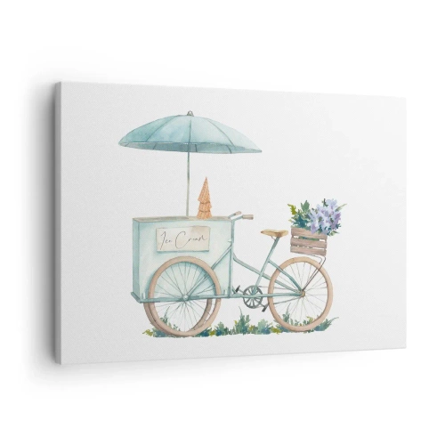 Obraz na plátne - Bicykel so zmrzlinou a kvetmi pod dáždnikom v jemných pastelových farbách - 70x50cm - Sladká spomienka na leto - Moderná nástenná dekorácia do obývacej izby a spálne ARTTOR