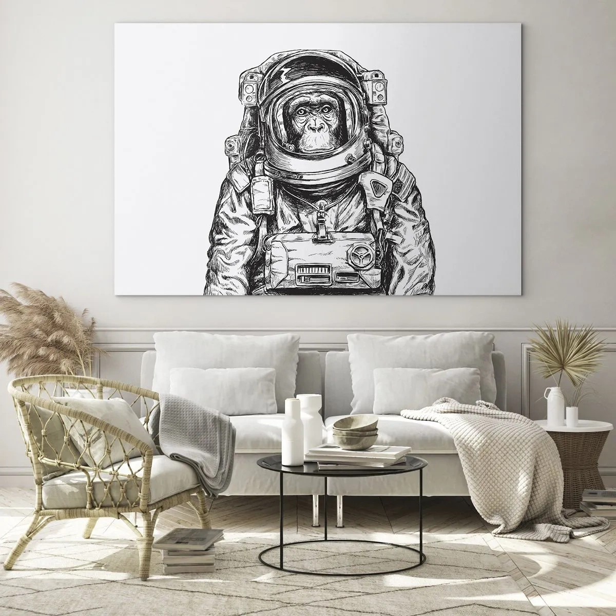 Obraz na skle - Náčrt opice v astronautskom obleku na bielom pozadí - 70x50cm - Alternatívny vývoj - Moderná nástenná dekorácia do obývacej izby a spálne ARTTOR