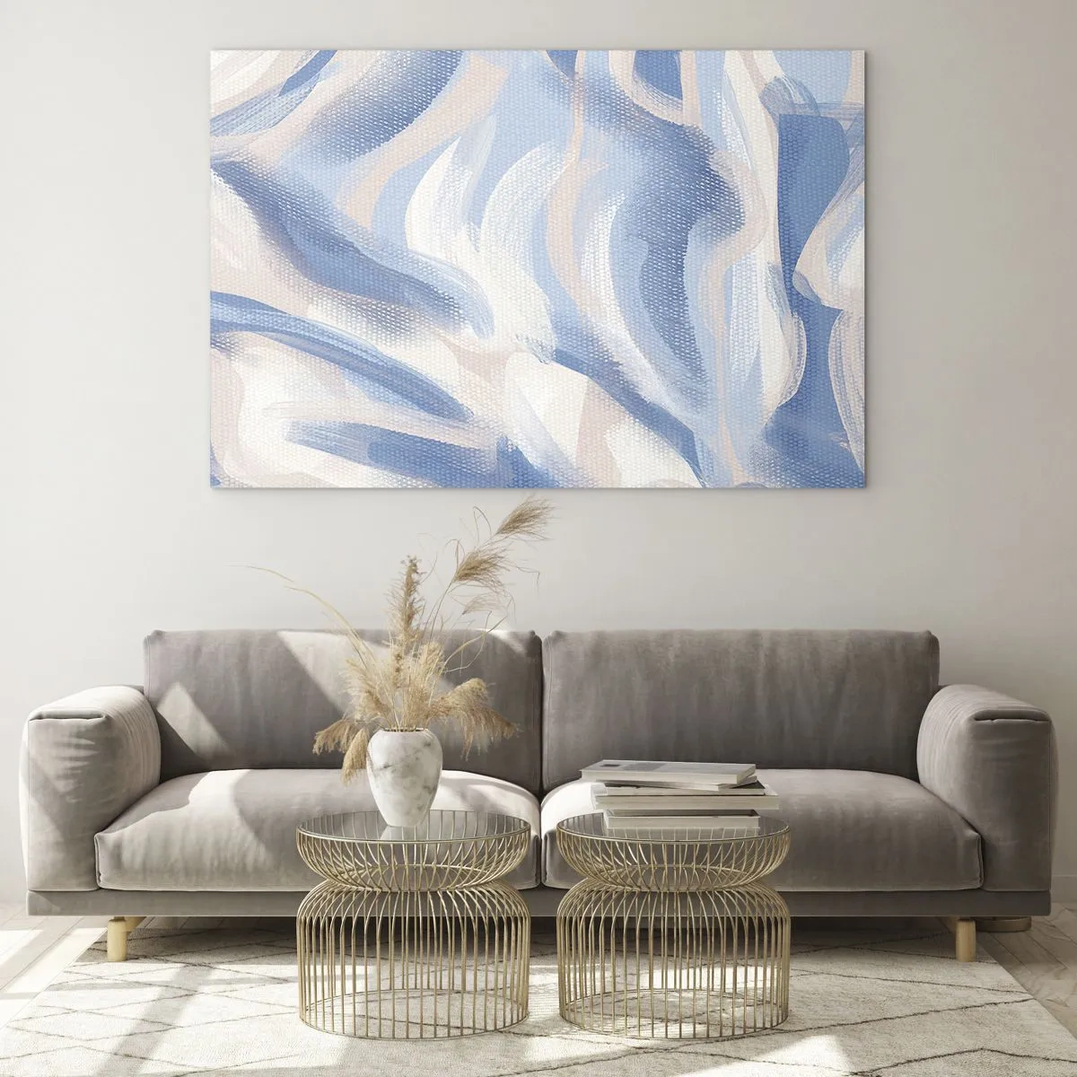 Obraz na skle - Abstraktné ťahy v modrej, bielej a béžovej farbe vo vlnitej forme - 70x50cm - Modré kolísanie - Moderná nástenná dekorácia do obývacej izby a spálne ARTTOR