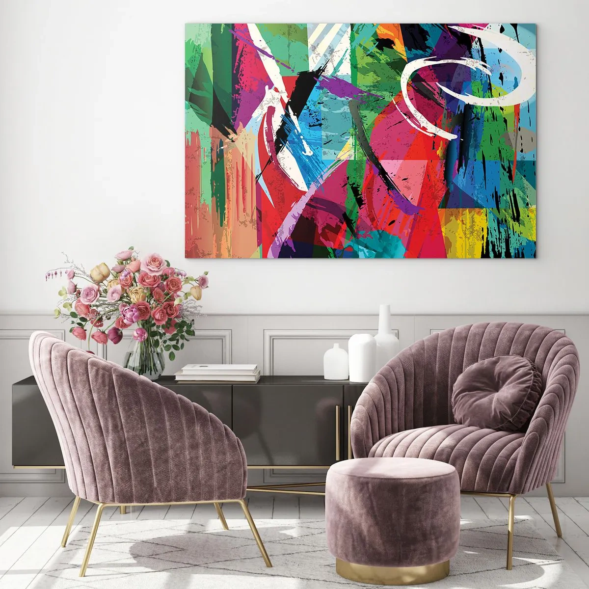 Obraz na skle - Farebná abstrakcia s dynamickými tvarmi a textúrami - 70x50cm - Rýchlo, živo a čulo - Moderná nástenná dekorácia do obývacej izby a spálne ARTTOR