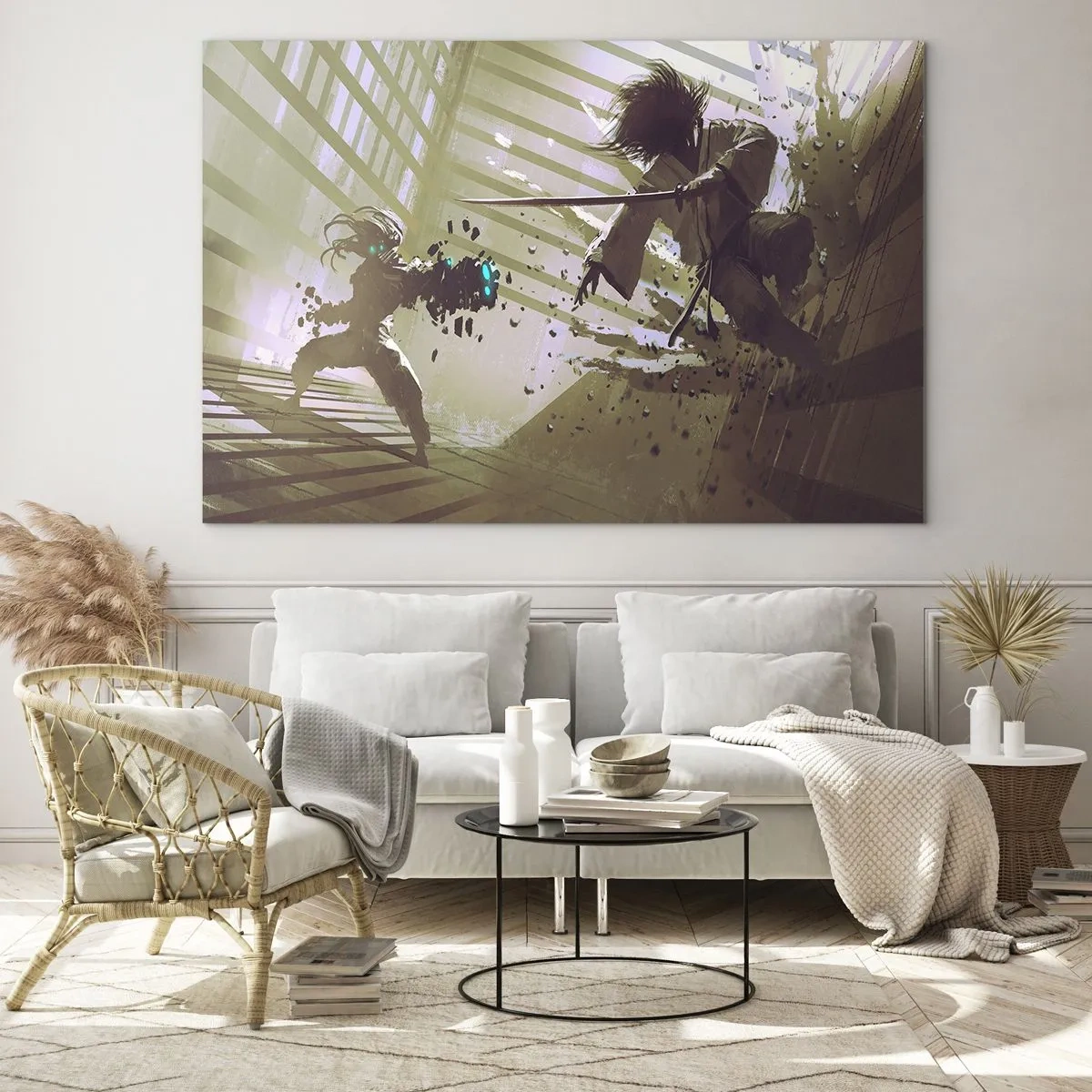 Obraz na skle - Samurajský súboj v dynamickej scéne - 70x50cm - Aj ty môžeš byť samurajom - Moderná nástenná dekorácia do obývacej izby a spálne ARTTOR