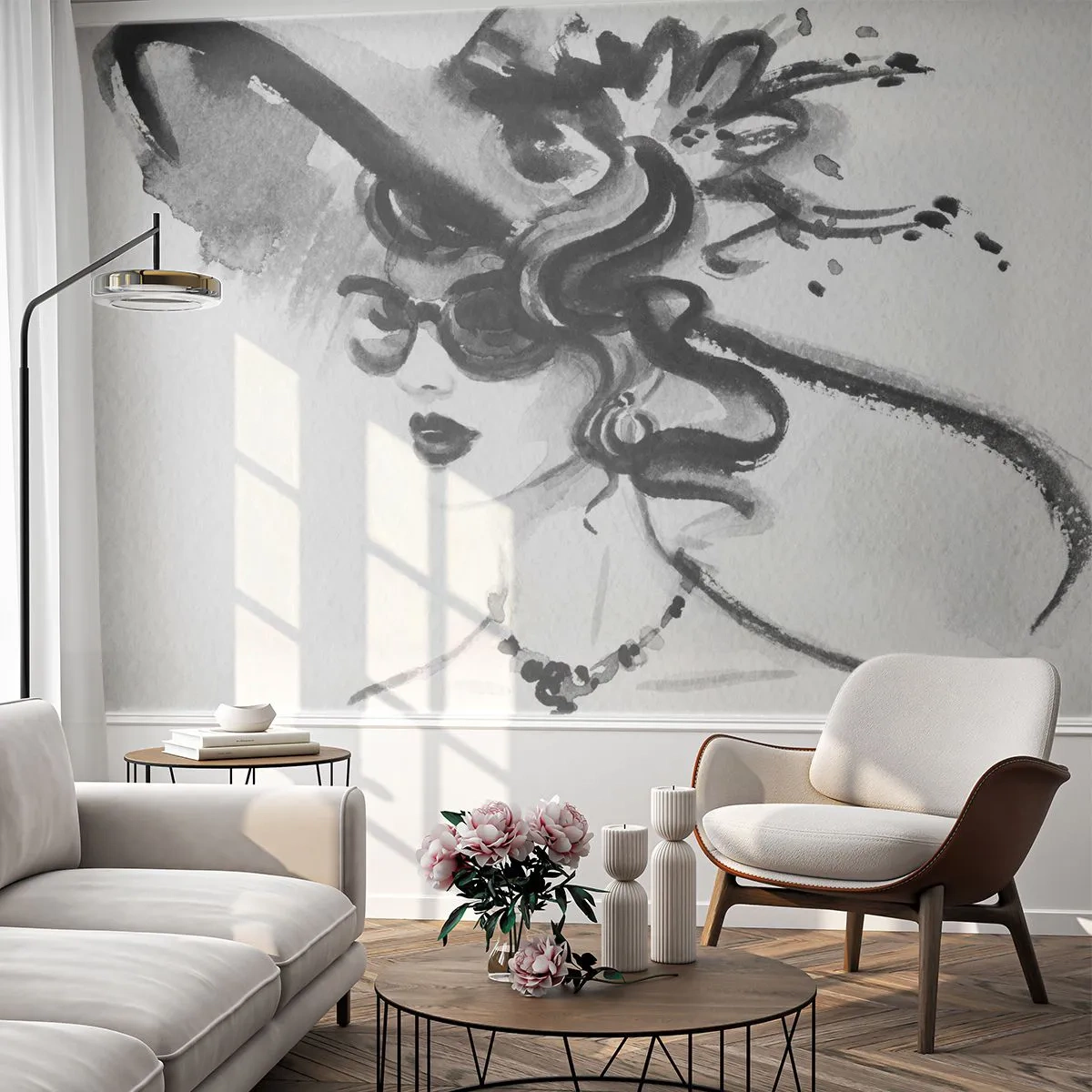 Fototapeta Premium Canvas - Dáma s charakterom - Žena V Klobúku, Ženská tvár, Čierna a biela - 400x280 cm