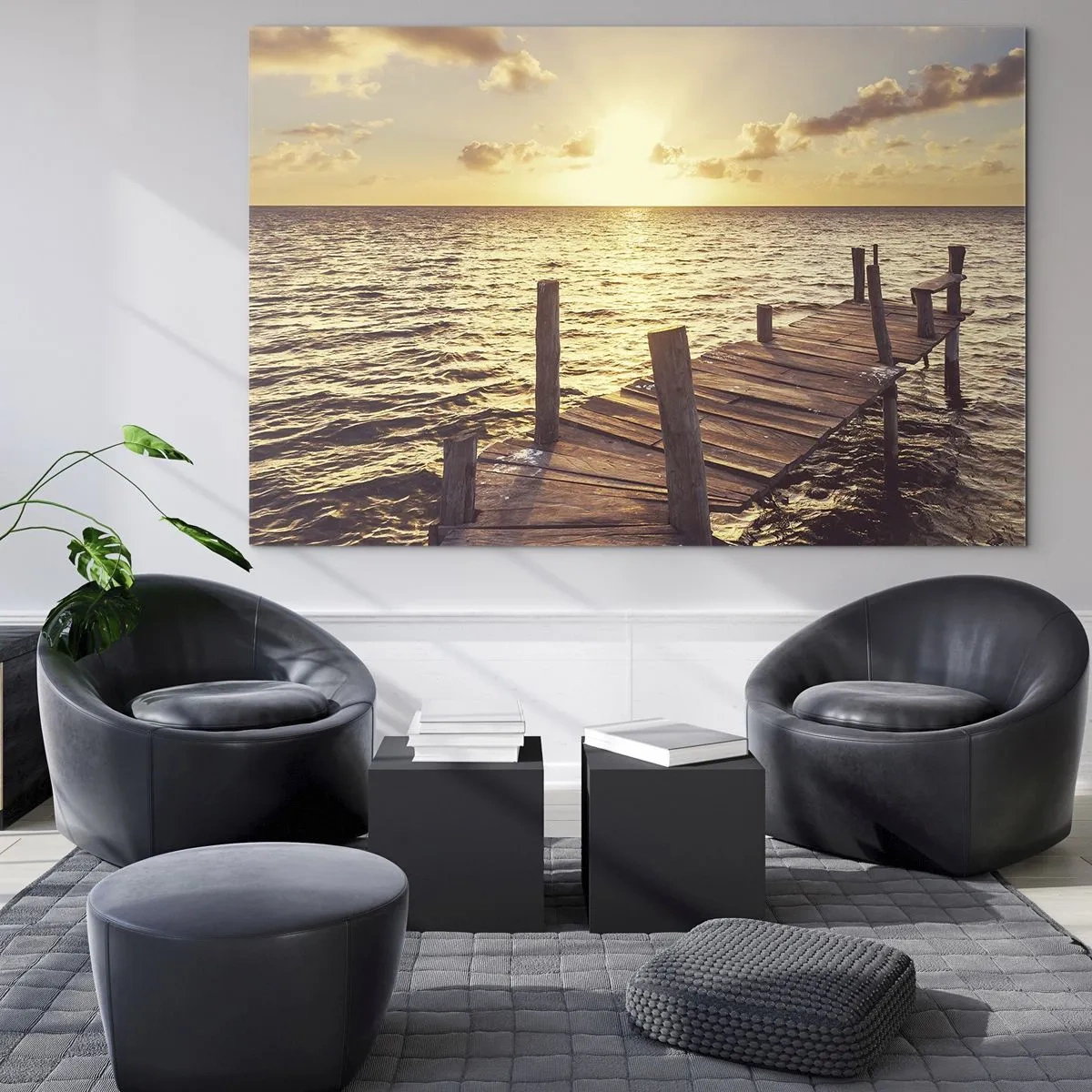 Obraz na skle - Drevené mólo na pozadí zapadajúceho slnka - 70x50cm - Zlatá krajina láskavosti - Moderná nástenná dekorácia do obývacej izby a spálne ARTTOR