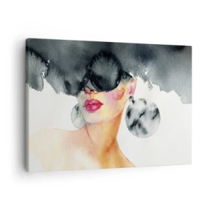 Obraz na plátne - Žena so štýlovými okuliarmi a veľkými náušnicami - 70x50cm - Tajomstvo elegancie - Moderná nástenná dekorácia do obývacej izby a spálne ARTTOR