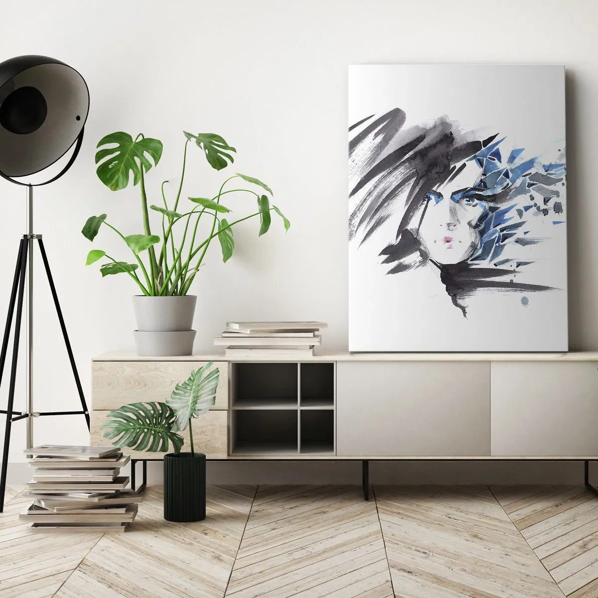 Obraz na plátne - Zmyselný portrét v šedej a modrej - 65x120 cm