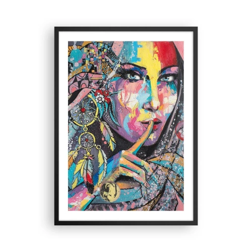 Plagát v čiernom ráme - Farebný portrét ženy s perím a lapačom snov - 50x70cm - Mlč, než pochopíš - Moderná nástenná dekorácia do obývacej izby a spálne ARTTOR
