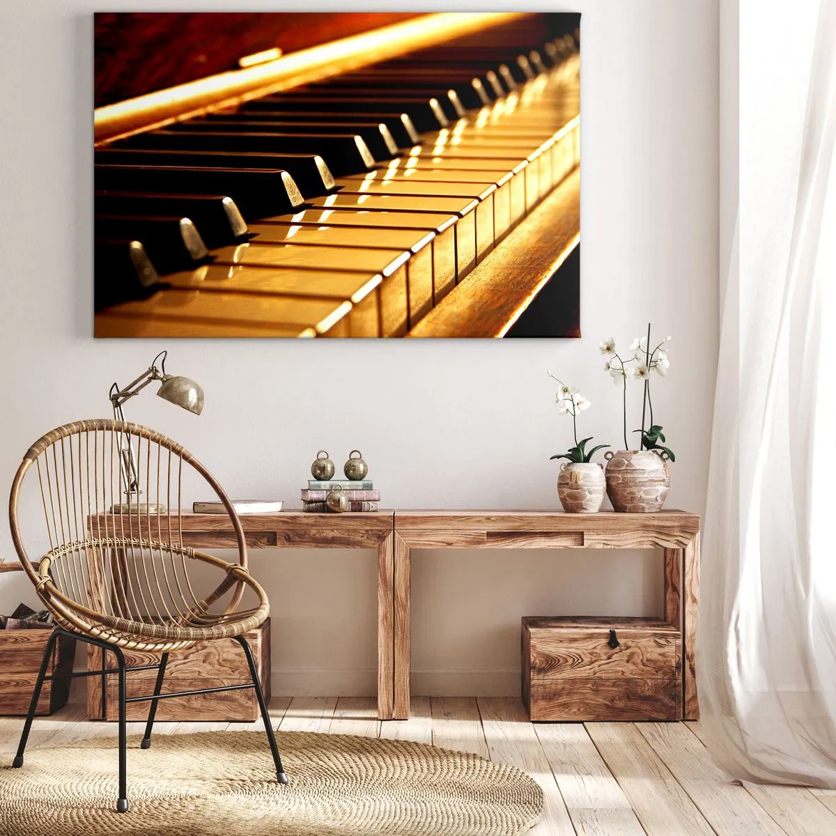 Obraz na plátne - Klávesnica klavíra v zlatom osvetlení - 70x50cm - Neobmedzené možnosti - Moderná nástenná dekorácia do obývacej izby a spálne ARTTOR
