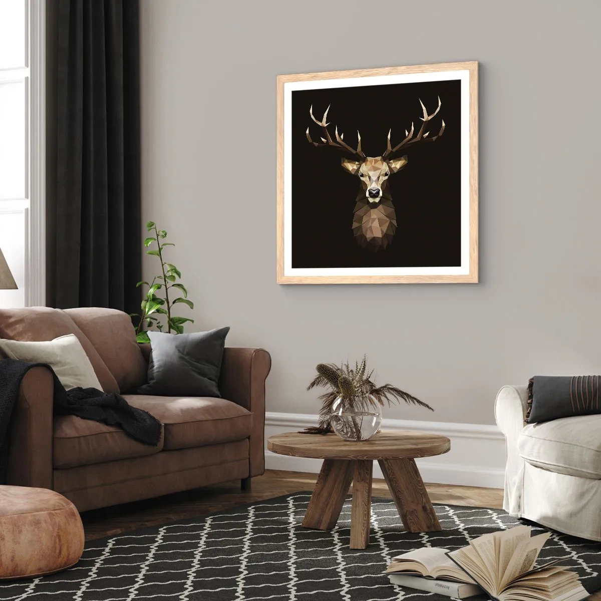 Plagát v ráme zo svetlého duba - Kubistický jeleň - 60x60 cm