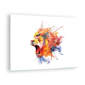 Obraz na skle - Farebný lev v akvarelovom štýle na bielom pozadí - 70x50cm - Vybuchnúť hnevom  - Moderná nástenná dekorácia do obývacej izby a spálne ARTTOR