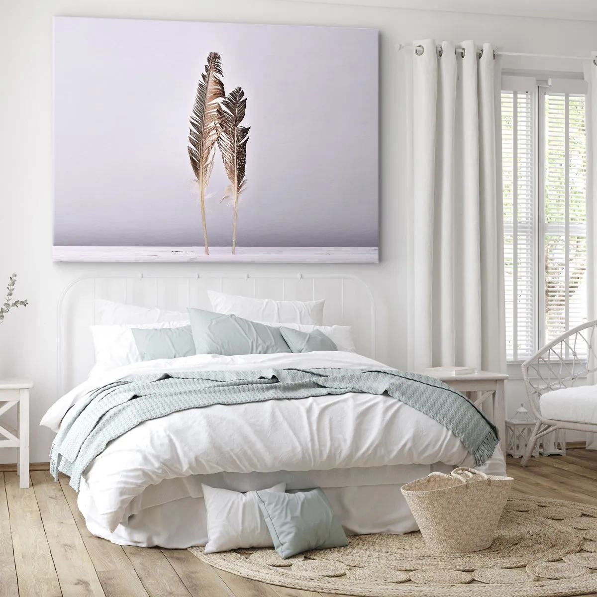 Obraz na plátne - Jemné pierka na svetlom pozadí v minimalistickom štýle - 70x50cm - Proti ničote - Moderná nástenná dekorácia do obývacej izby a spálne ARTTOR