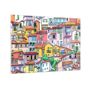 Obraz na skle - Farebné činžiakové domy v kreslenom štýle, plné detailov - 70x50cm - Veselé mesto - Moderná nástenná dekorácia do obývacej izby a spálne ARTTOR