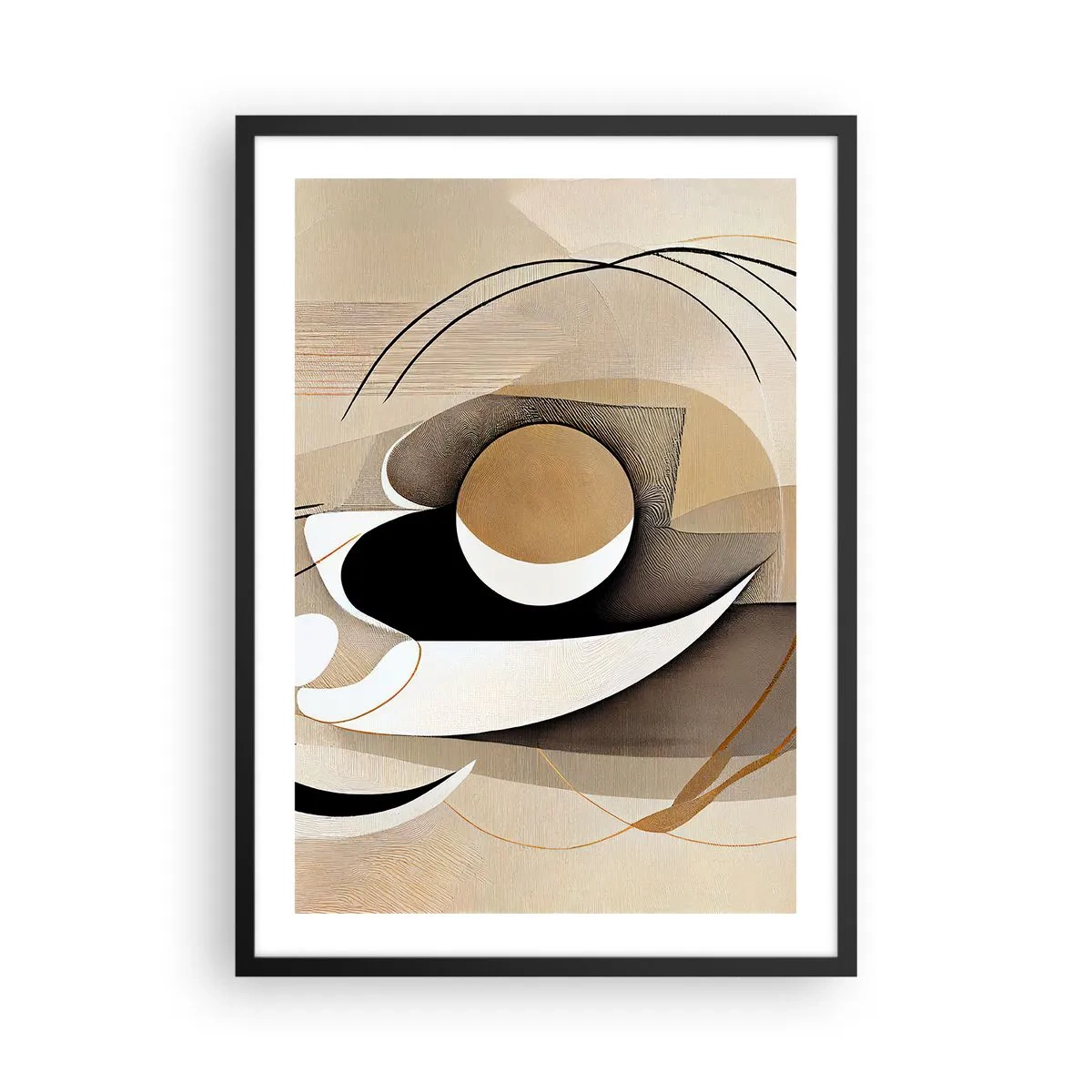Plagát v čiernom ráme - Minimalistická abstrakcia v odtieňoch béžovej a čiernej - 50x70cm - Kompozícia: podstata vecí - Moderná nástenná dekorácia do obývacej izby a spálne ARTTOR