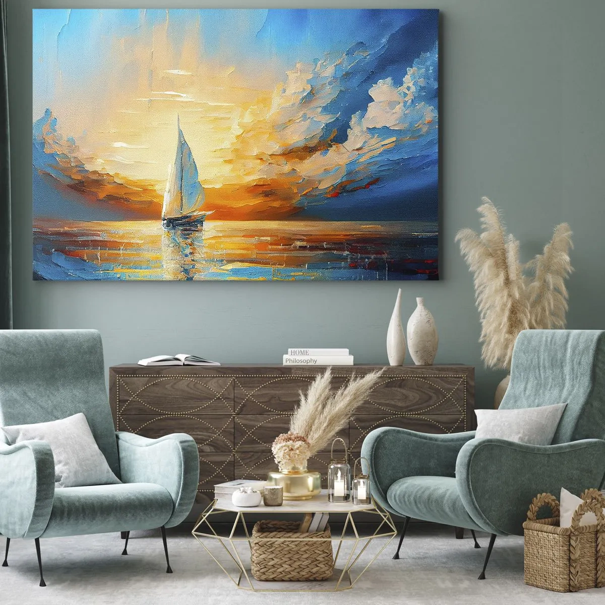 Obraz na plátne - Plachetnica na pozadí zapadajúceho slnka a farebných oblakov - 70x50cm - Plavba v zlate - Moderná nástenná dekorácia do obývacej izby a spálne ARTTOR