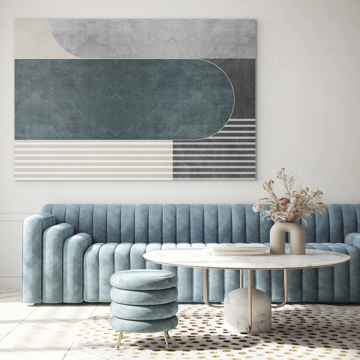 Obraz na skle - Geometrický tvar v odtieňoch sivej, béžovej a zelenej - 70x50cm - Kompozícia na úrovni - Moderná nástenná dekorácia do obývacej izby a spálne ARTTOR