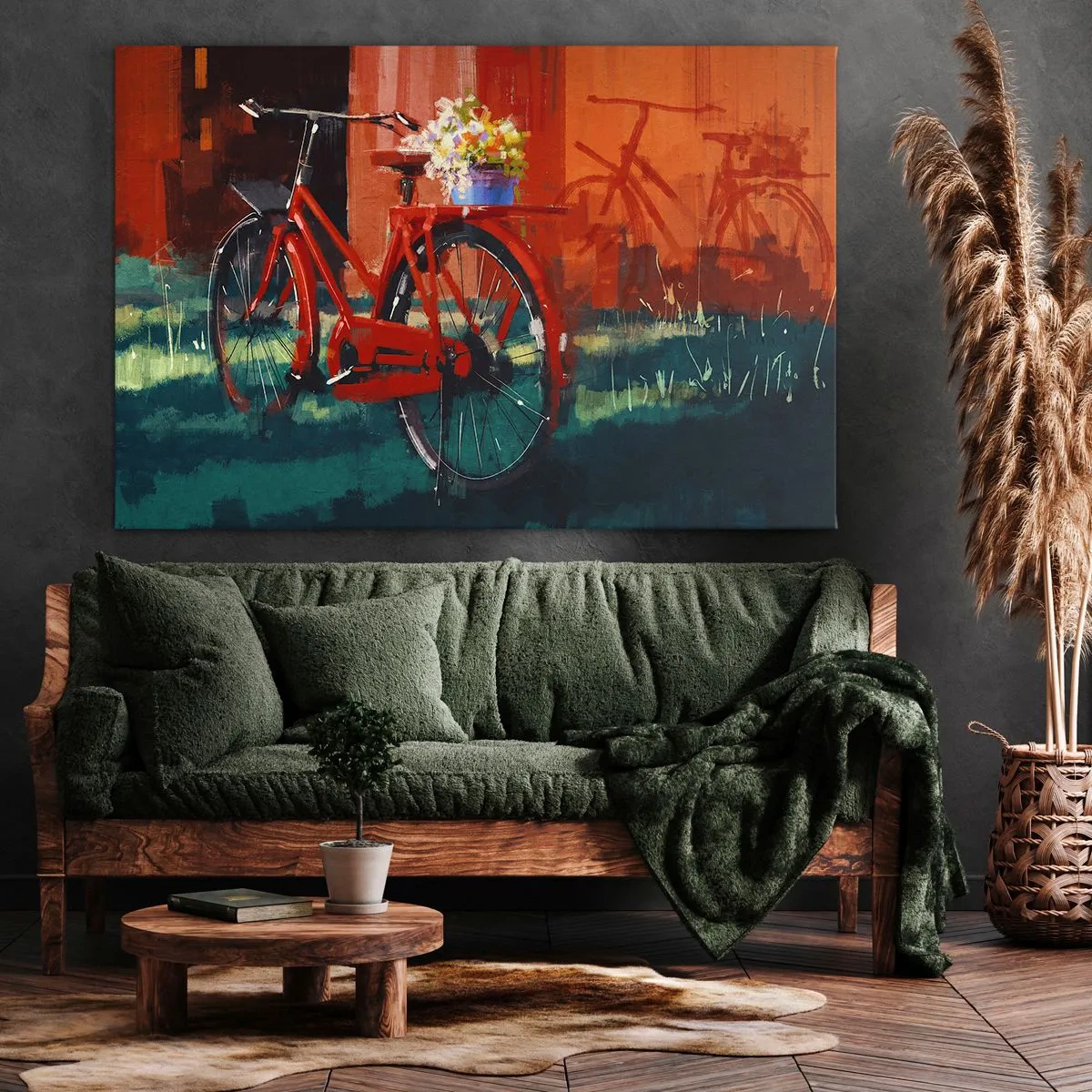 Obraz na plátne - Červený bicykel s kvetmi na oranžovej stene - 70x50cm - I want to ride my bicycle - Moderná nástenná dekorácia do obývacej izby a spálne ARTTOR