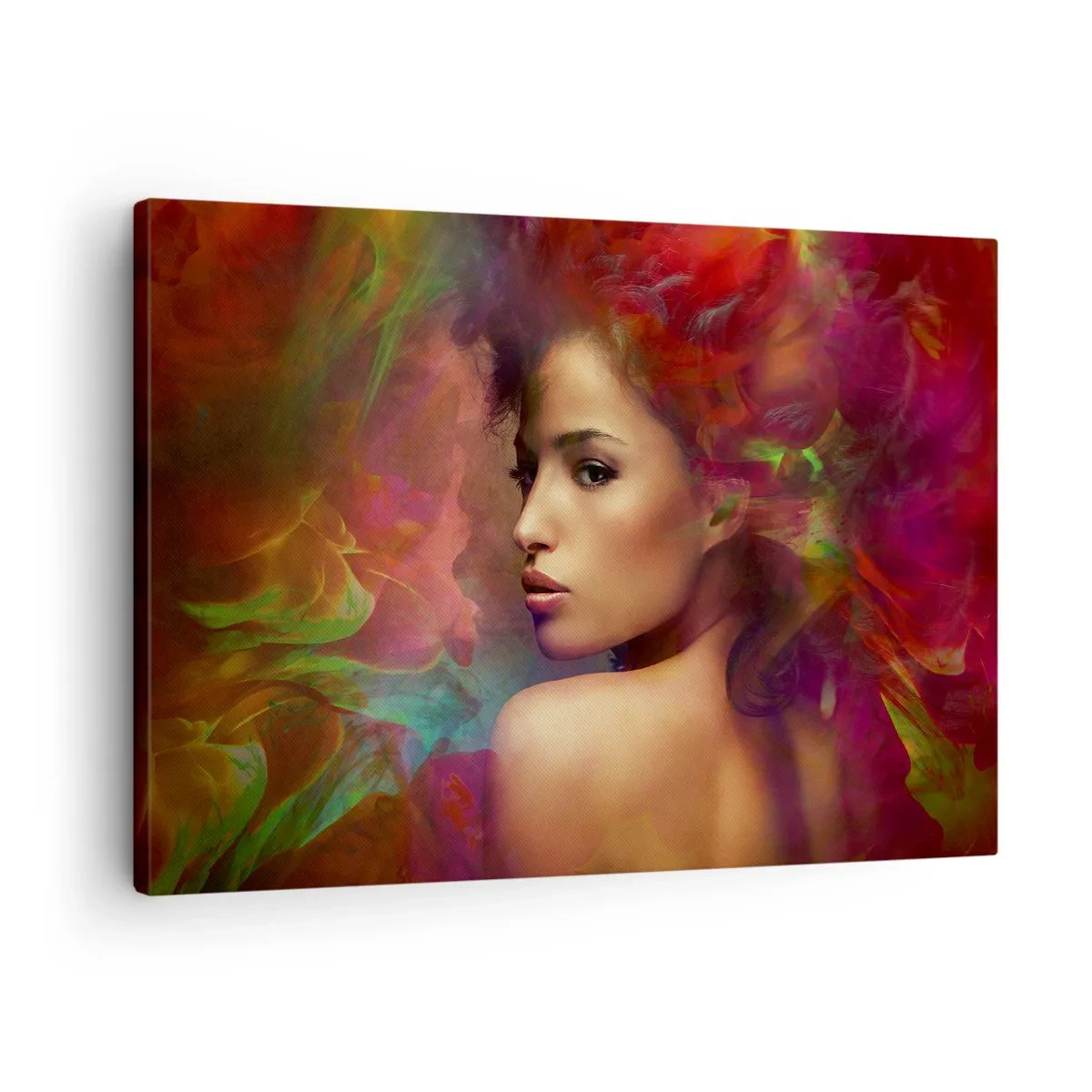 Obraz na plátne - Žena s farebnými odrazmi vytvára abstraktné pozadie - 70x50cm - Krajšia ako dúha, jemnejšia ako hmla - Moderná nástenná dekorácia do obývacej izby a spálne ARTTOR