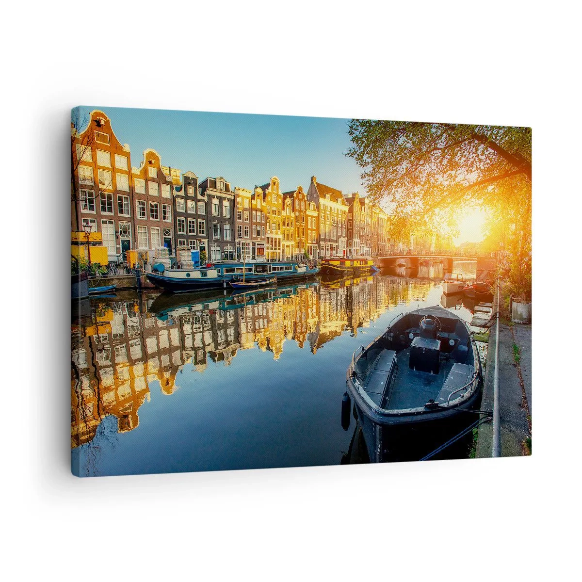 Obraz na plátne - Amsterdamský kanál pri západe slnka - 70x50cm - Ráno v Amsterdame - Moderná nástenná dekorácia do obývacej izby a spálne ARTTOR