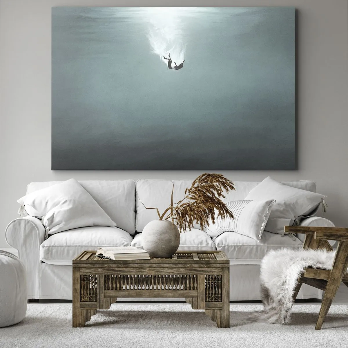 Obraz na plátne - Postava ponorená v hlbokej tyrkysovej vode - 70x50cm - V objatí oceánu - Moderná nástenná dekorácia do obývacej izby a spálne ARTTOR
