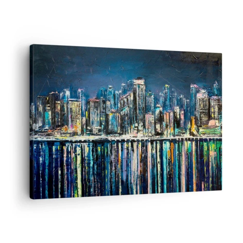Obraz na plátne - Panoráma nočného mesta odrážajúca sa vo vode - 70x50cm - Kaskáda svetiel - Moderná nástenná dekorácia do obývacej izby a spálne ARTTOR