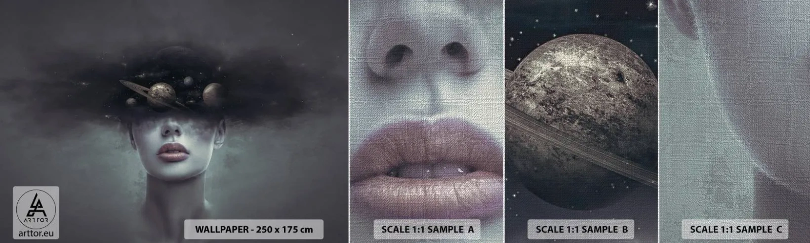 Vzorka fototapety Premium Canvas - A planéty… - Abstrakcia, Ženská tvár, Kozmos - 100x30 cm