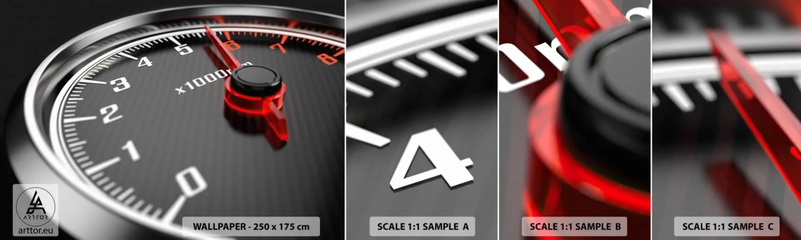 Vzorka samolepiacej fototapety Deluxe Sticker - Šliapni na to - Automobilový priemysel, Rýchlomer, 3D - 100x30 cm