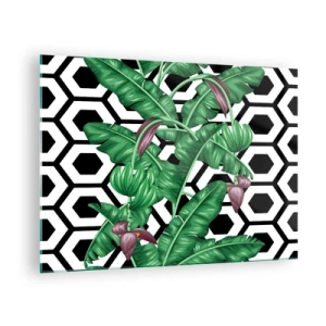 Obraz na skle - Tropické listy a kvety na čiernobielom geometrickom vzore pozadia - 70x50cm - Symetrická kompozícia od prírody - Moderná nástenná dekorácia do obývacej izby a spálne ARTTOR