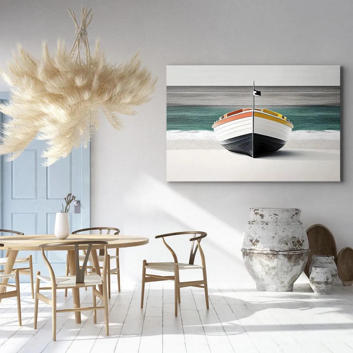 Obraz na plátne - Loď na pláži s tyrkysovým morom v pozadí - 70x50cm - Na správnom mieste - Moderná nástenná dekorácia do obývacej izby a spálne ARTTOR