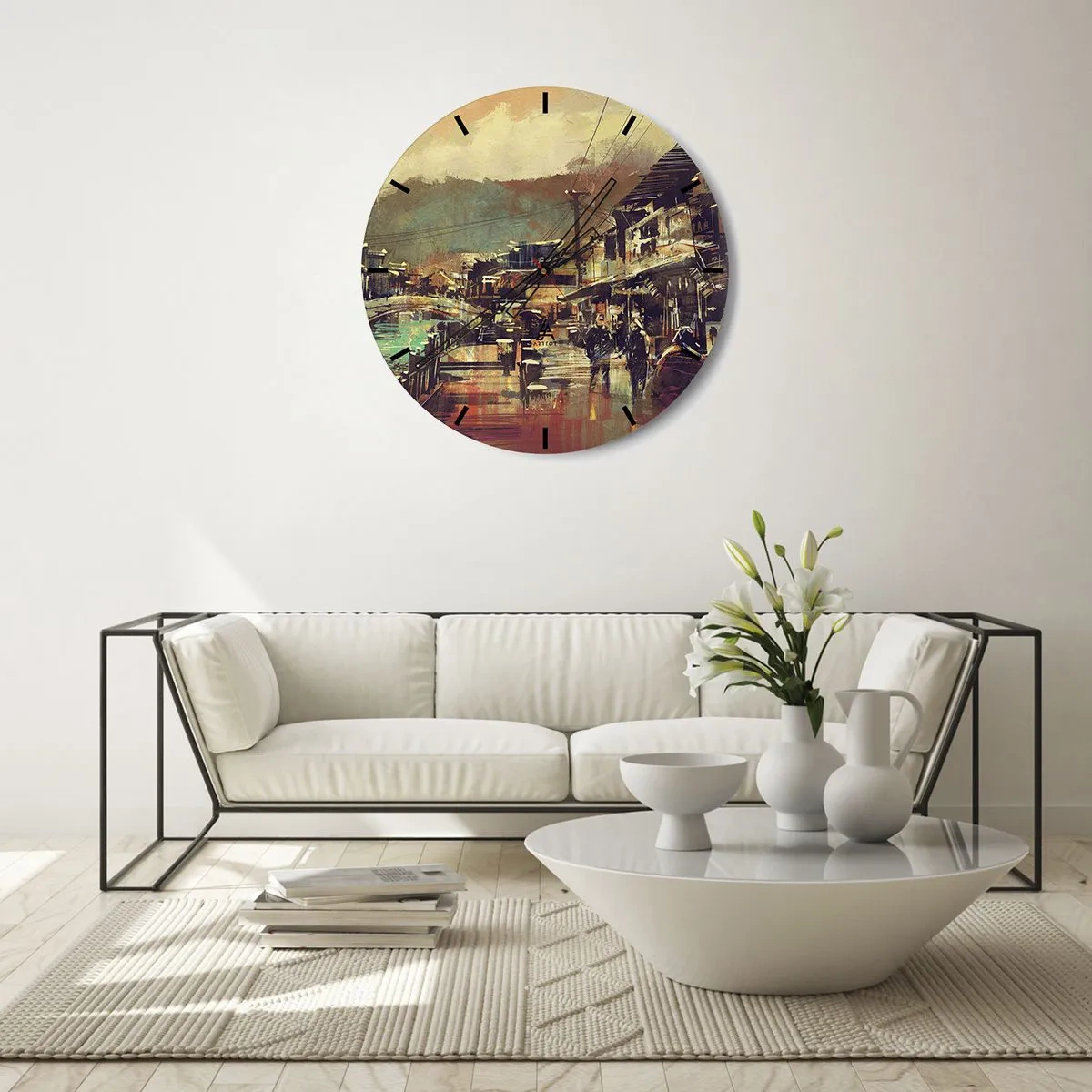 Nástenné hodiny - Maliarska mestská uličná scéna s mostom a horami v pozadí. - 30x30cm - Život ako bohatstvo šedej - Moderná nástenná dekorácia do obývacej izby, kuchyne a spálne ARTTOR