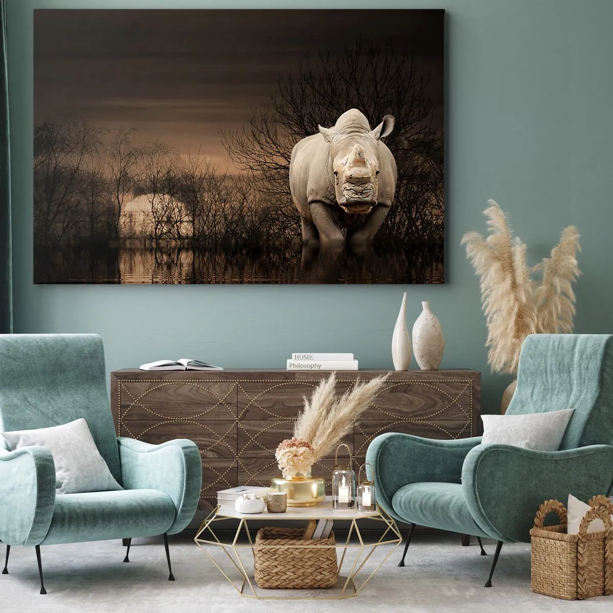 Obraz na plátne - Nosorožec medzi stromami pri západe slnka, divoká príroda. - 70x50cm - Biely proti prírode - Moderná nástenná dekorácia do obývacej izby a spálne ARTTOR