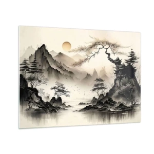Obraz na skle - Orientálna horská krajina s pagodou a stromami - 70x50cm - Jedinečné kúzlo orientu - Moderná nástenná dekorácia do obývacej izby a spálne ARTTOR