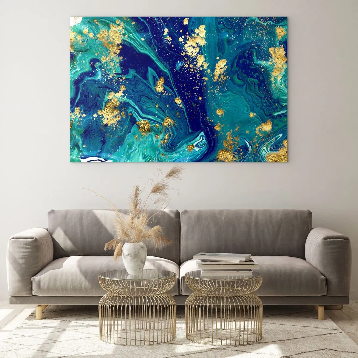 Obraz na skle - Abstraktný vzor v odtieňoch tyrkysovej a tmavomodrej so zlatými akcentmi - 70x50cm - Plátky slnka - Moderná nástenná dekorácia do obývacej izby a spálne ARTTOR