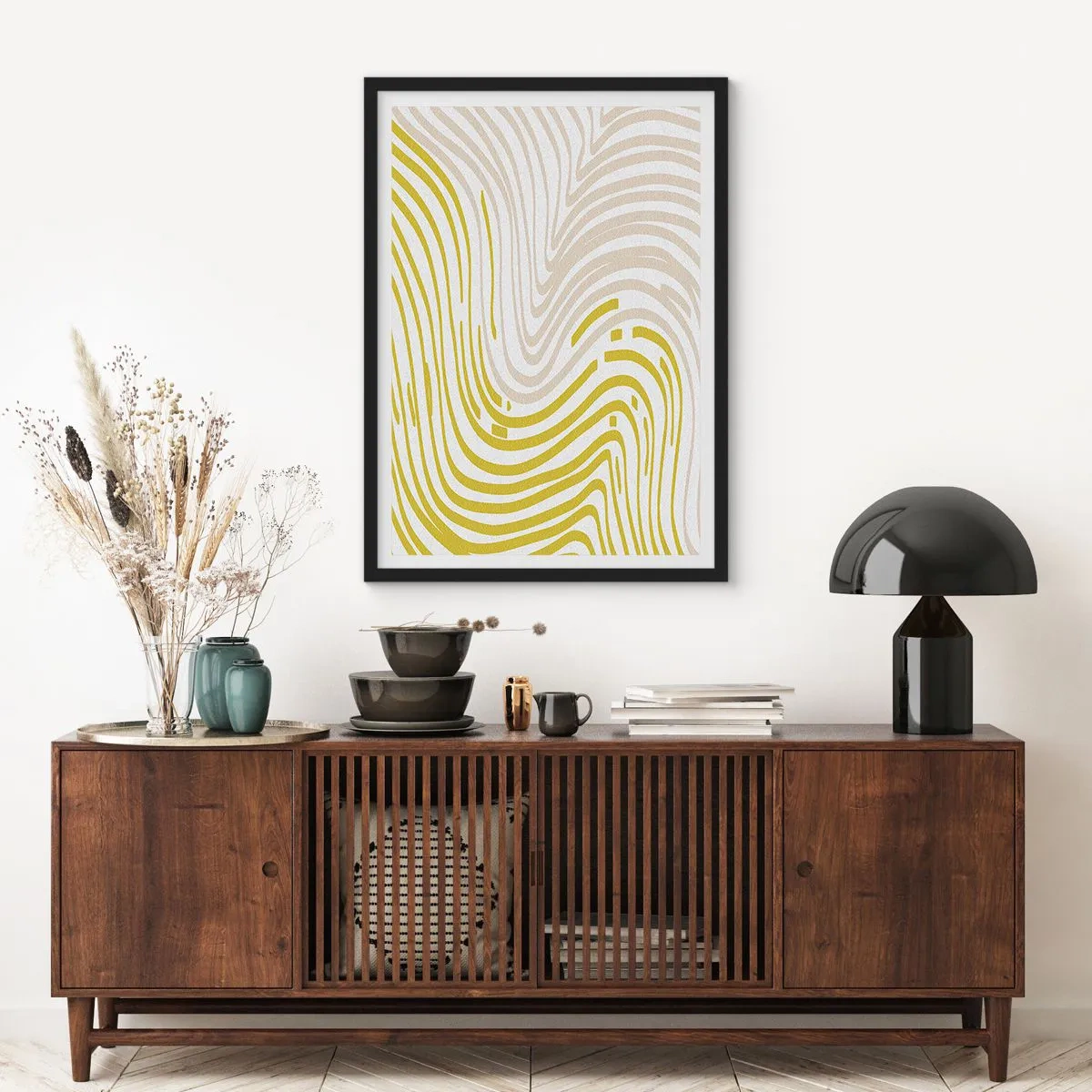 Plagát v čiernom ráme - Abstraktná kompozícia vlnitých čiar v odtieňoch béžovej a žltej. - 50x70cm - Kompozícia s miernym ohybom - Moderná nástenná dekorácia do obývacej izby a spálne ARTTOR