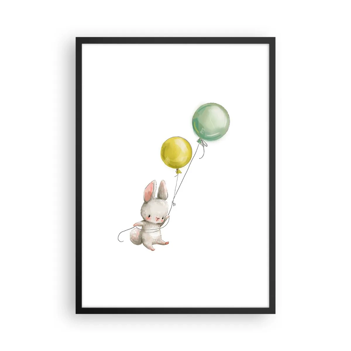 Plagát v čiernom ráme - Králik drží dva zelené a žlté balóny. - 50x70cm - Poletím aj ja! - Moderná nástenná dekorácia do obývacej izby a spálne ARTTOR