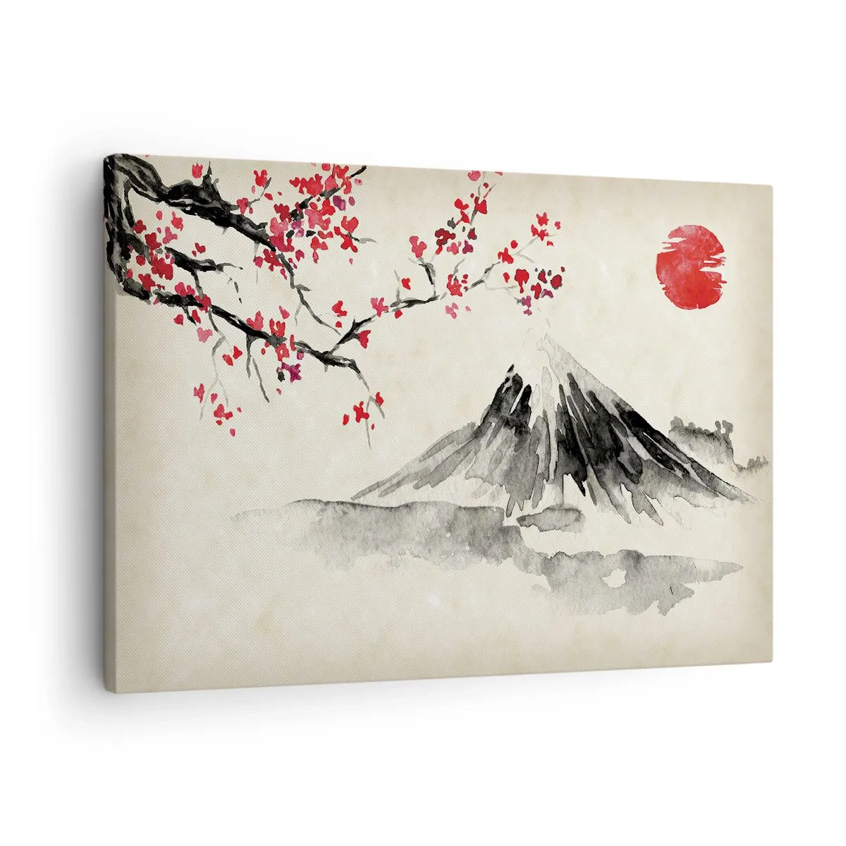 Obraz na plátne - Malebná krajina s horou, čerešňovými kvetmi a slnečným svitom - 70x50cm - Zamilujte sa do Japonska - Moderná nástenná dekorácia do obývacej izby a spálne ARTTOR