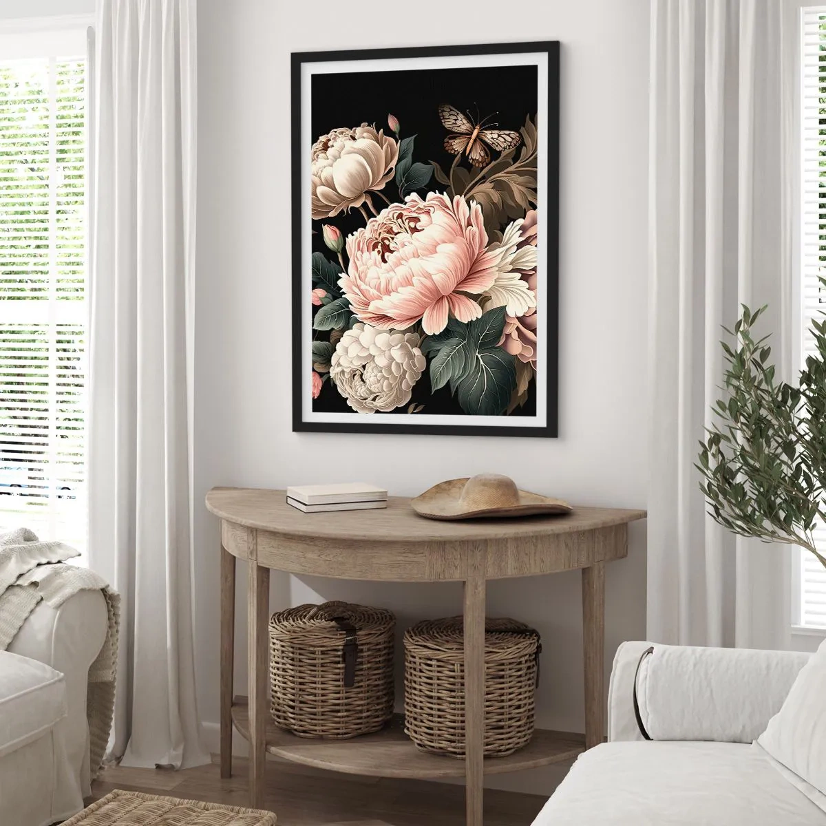Plagát v čiernom ráme - Elegantné pivonky a motýľ na čiernom pozadí - 50x70cm - V barokovom štýle - Moderná nástenná dekorácia do obývacej izby a spálne ARTTOR