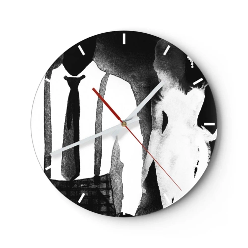 Nástenné hodiny - Siluety ženy a muža v čiernobielej noir atmosfére - 30x30cm - V štýle noir - Moderná nástenná dekorácia do obývacej izby, kuchyne a spálne ARTTOR