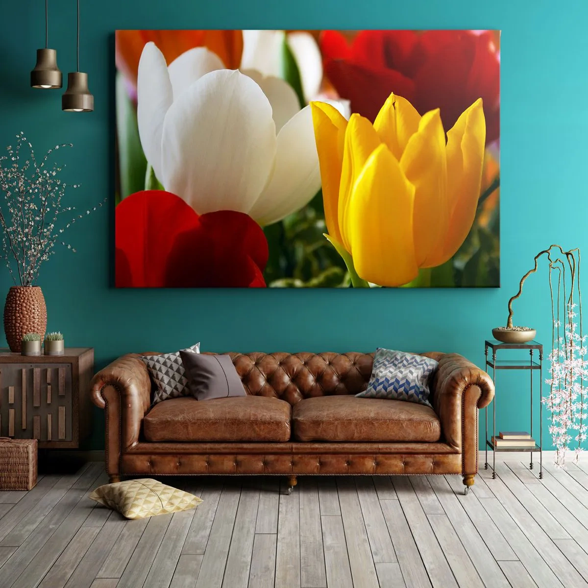 Obraz na plátne - Detailný záber farebných tulipánov na jarnom pozadí - 70x50cm - Tulipánová horúčka - Moderná nástenná dekorácia do obývacej izby a spálne ARTTOR